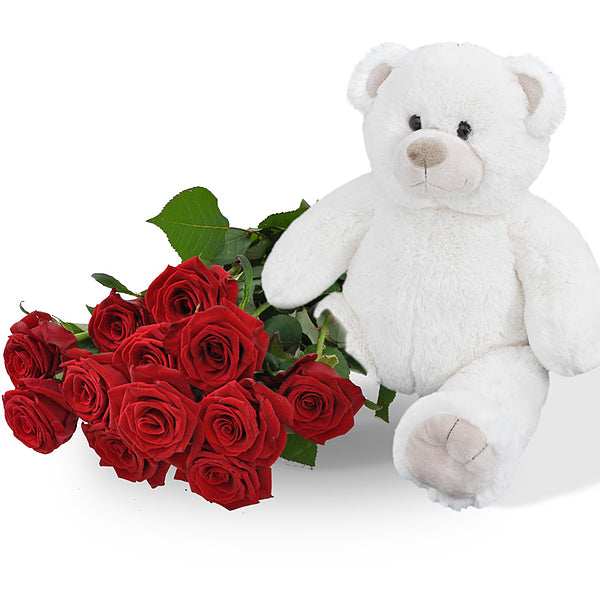 witte knuffelbeer van 45cm ! Inclusief een bos rode rozen